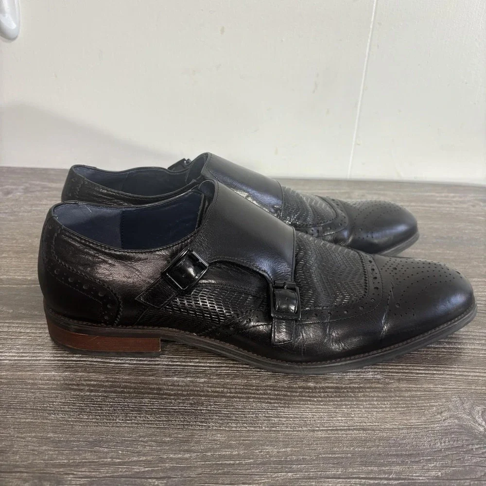 Stacy Adams Shoes Mens Size 10 Black Leather Monk Strap Wingtip Dress 25239-001